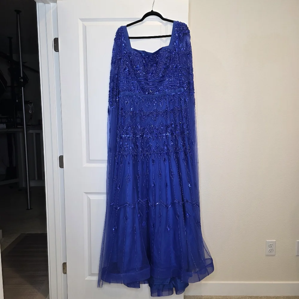 Serene Hill Beaded Elegant Blue Cape Sleeve Evening Gown - Size US 12 Large - Picture 5 of 17